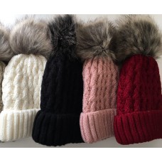 Assorted Colors Winter Warm Fleece Lining Ski Knit Faux Fur Ball Mujer Girl Hats  eb-38879487